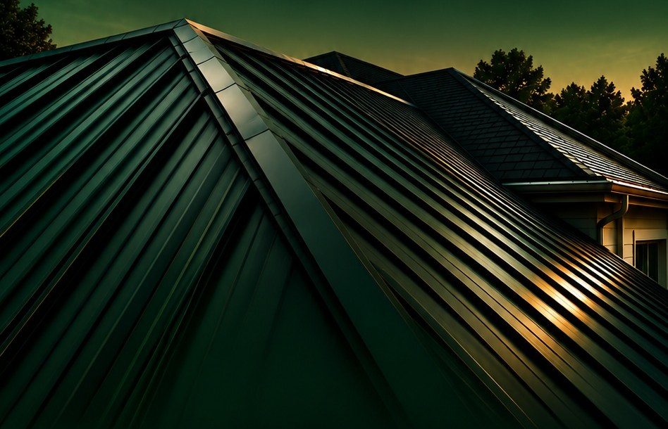 Dark green standing seam metal roof at dusk